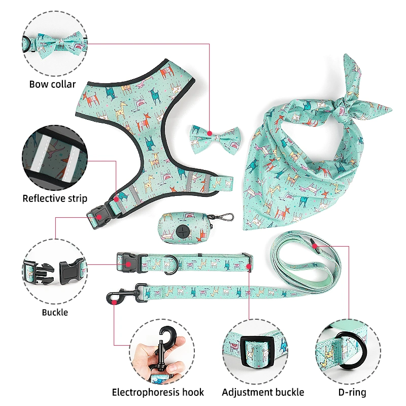 Pet Accessories 6 in 1 Set Neoprene Custom Pattern Printing Polyester Dog Harnees/ Collar/ Bowtie/ Poo Bag/ Bandana/ Leash